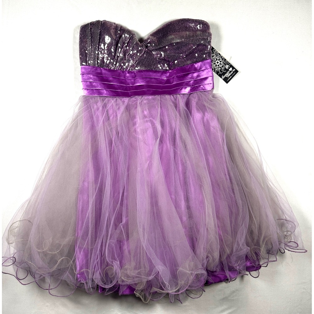 Sequin Hearts Purple Strapless Tulle Party Dress Sequin Bodice Homecoming Size 7